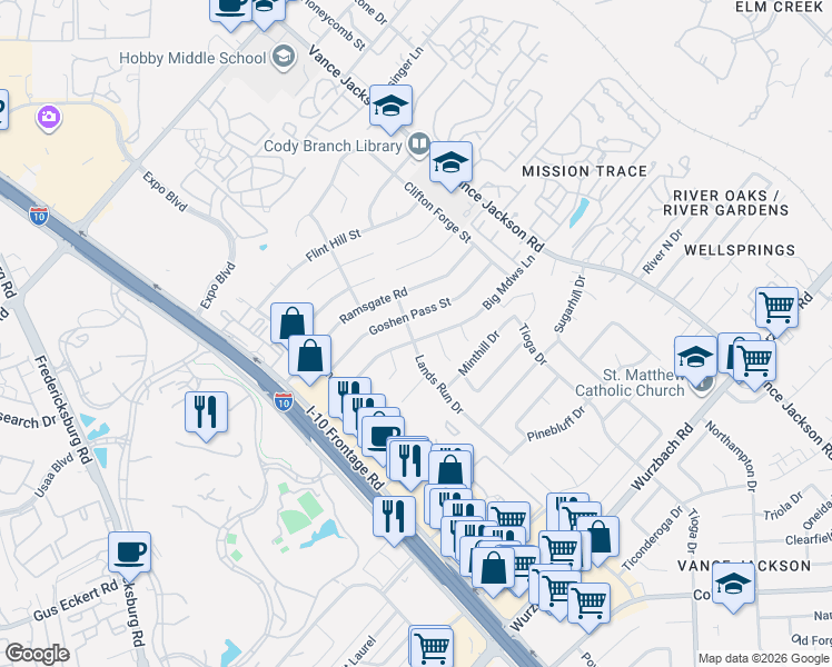 map of restaurants, bars, coffee shops, grocery stores, and more near 10915 Meadowhome Street in San Antonio