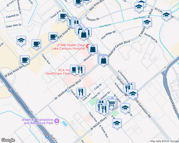 map of restaurants, bars, coffee shops, grocery stores, and more near 444 W Medical Center Blvd in Webster