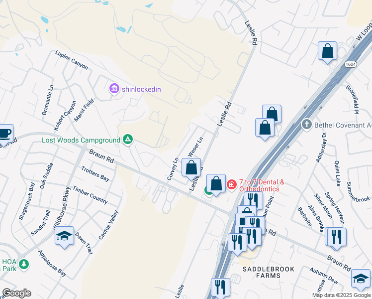 map of restaurants, bars, coffee shops, grocery stores, and more near 10423 Weser Lane in Helotes