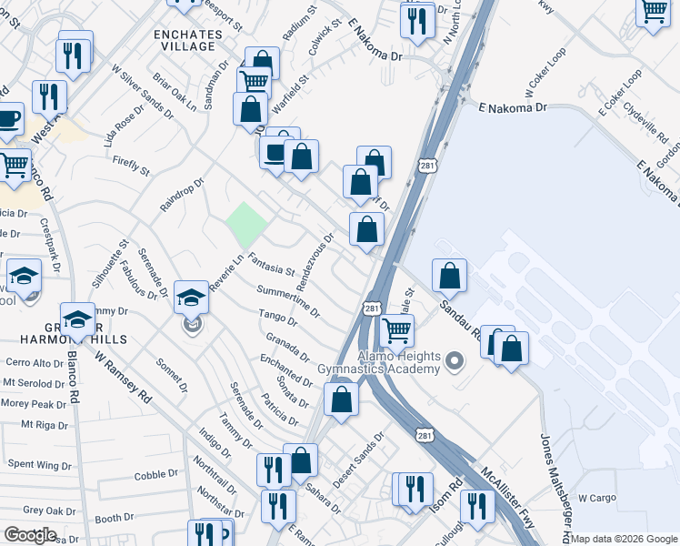 map of restaurants, bars, coffee shops, grocery stores, and more near 135 Fantasia Drive in San Antonio