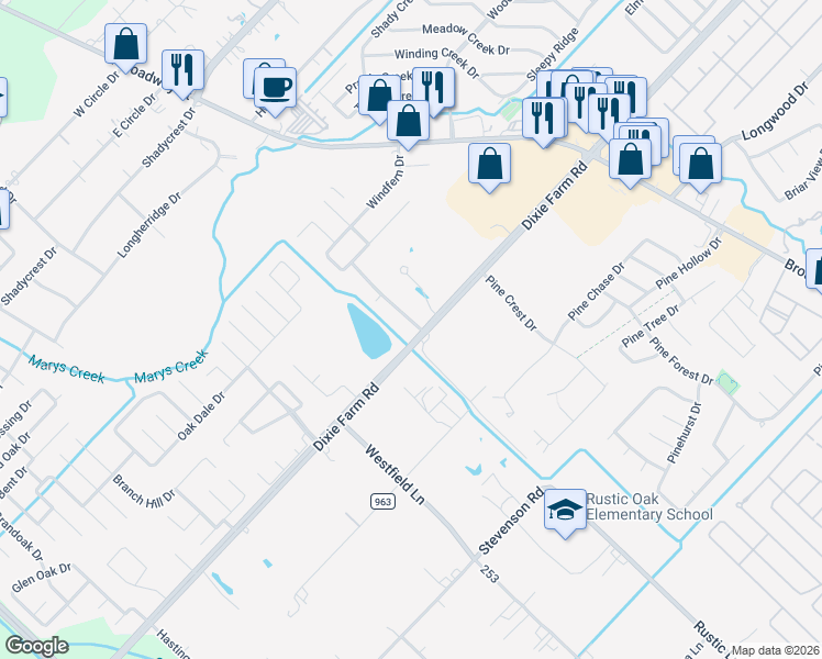 map of restaurants, bars, coffee shops, grocery stores, and more near 1904 Willow Lake Drive in Pearland