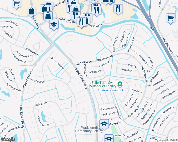 map of restaurants, bars, coffee shops, grocery stores, and more near 10 Packard Lane in Palm Coast