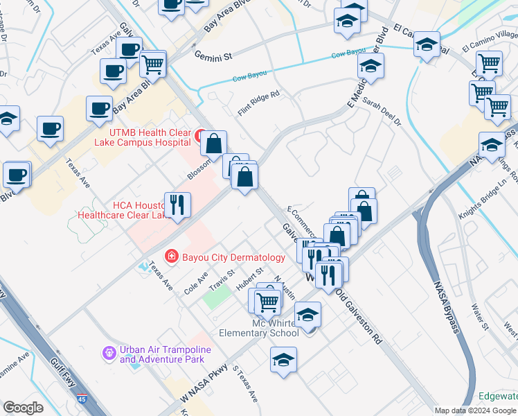 map of restaurants, bars, coffee shops, grocery stores, and more near 17490 Texas 3 in Webster