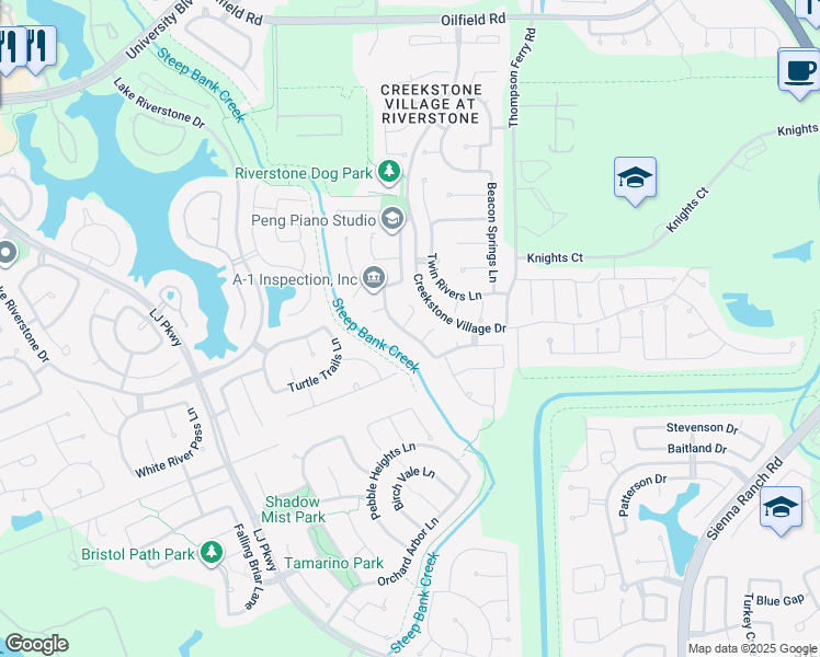 map of restaurants, bars, coffee shops, grocery stores, and more near 4035 Merry Meadow Court in Sugar Land