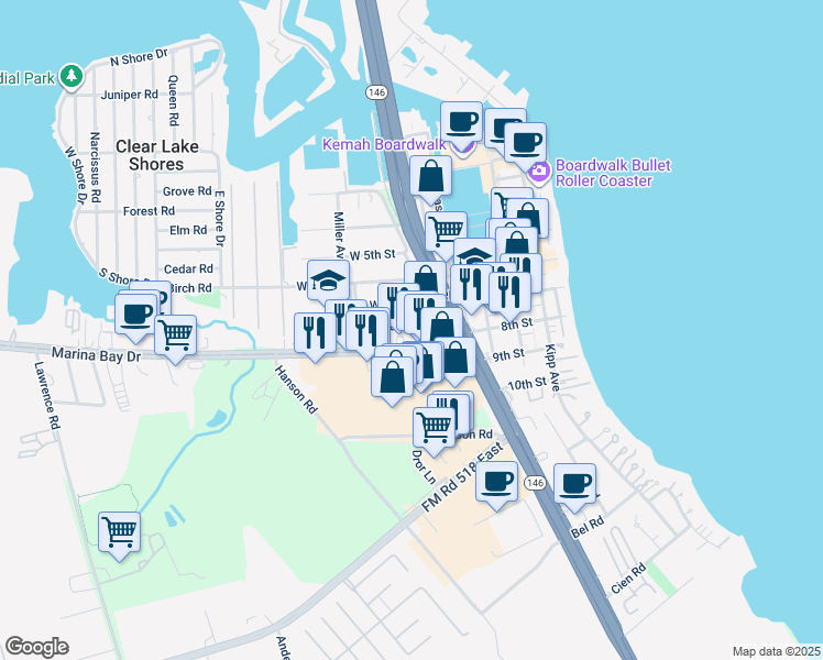 map of restaurants, bars, coffee shops, grocery stores, and more near 206 Marina Bay Drive in Kemah
