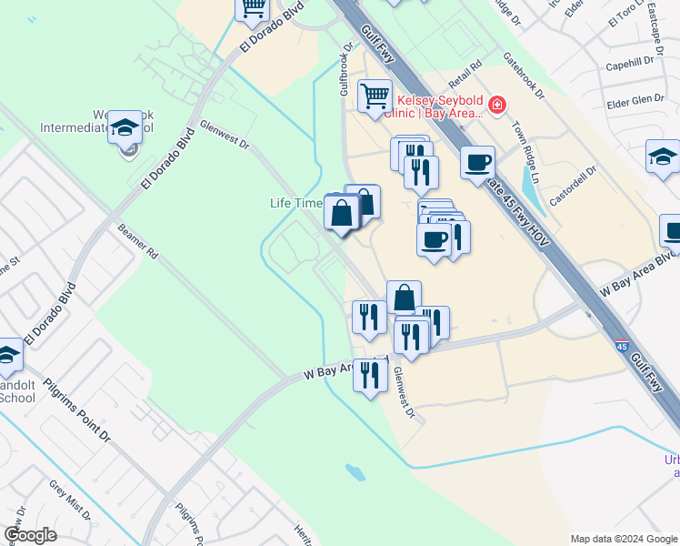 map of restaurants, bars, coffee shops, grocery stores, and more near York Brook Drive in Friendswood