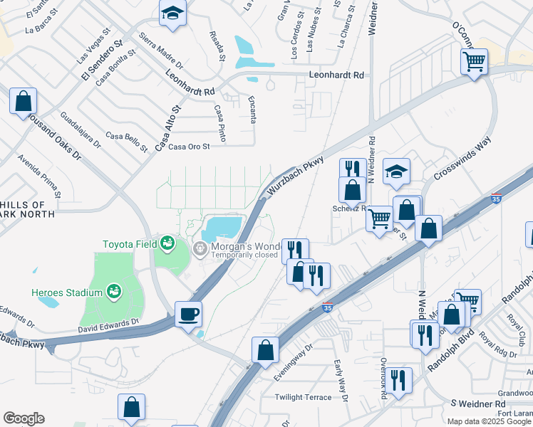 map of restaurants, bars, coffee shops, grocery stores, and more near Wurzbach Parkway in San Antonio