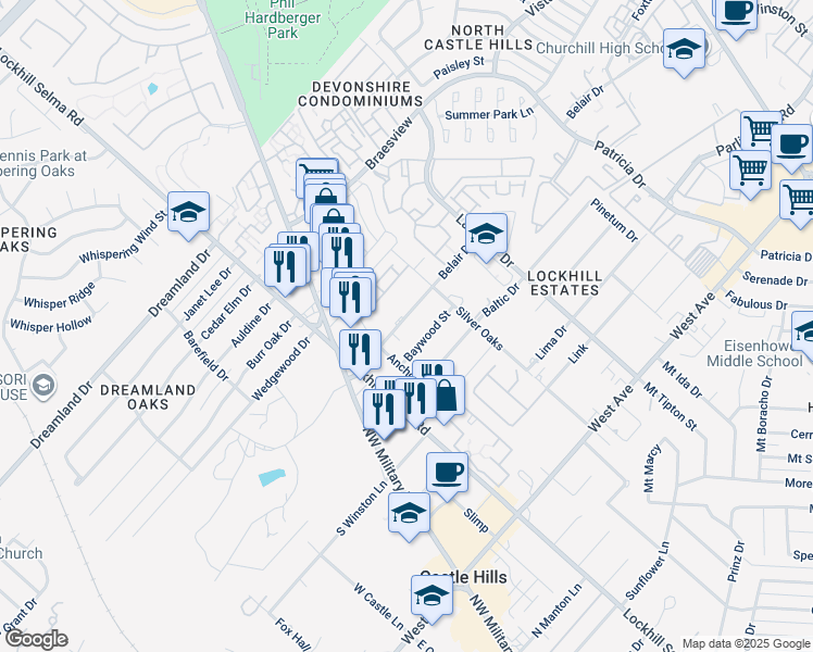 map of restaurants, bars, coffee shops, grocery stores, and more near 11023 Baywood Street in San Antonio
