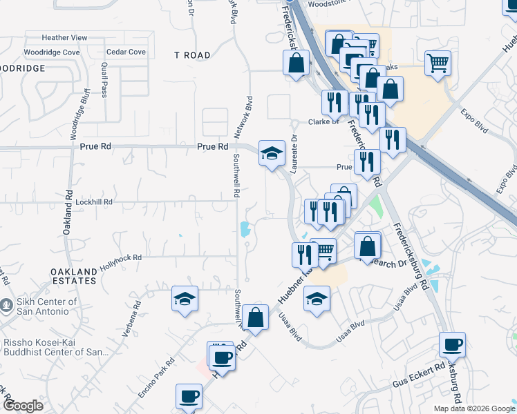 map of restaurants, bars, coffee shops, grocery stores, and more near 10423 Legacy Hill in San Antonio
