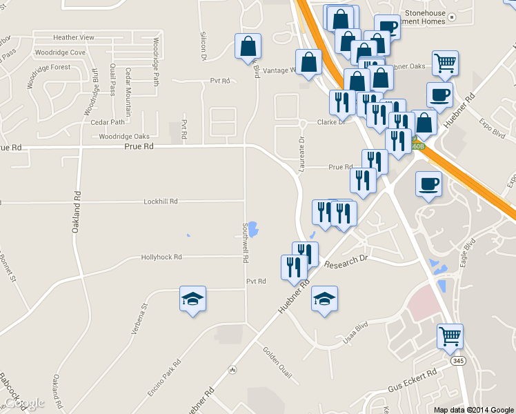 map of restaurants, bars, coffee shops, grocery stores, and more near 10423 Legacy Hill in San Antonio