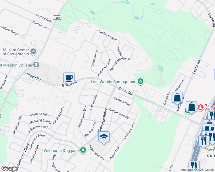 map of restaurants, bars, coffee shops, grocery stores, and more near 10414 Shire Country in San Antonio