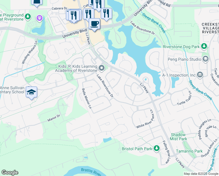 map of restaurants, bars, coffee shops, grocery stores, and more near 5302 Briarwick Meadow Lane in Sugar Land