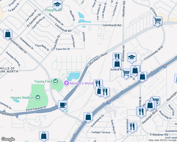 map of restaurants, bars, coffee shops, grocery stores, and more near 5206 Wurzbach Parkway in San Antonio