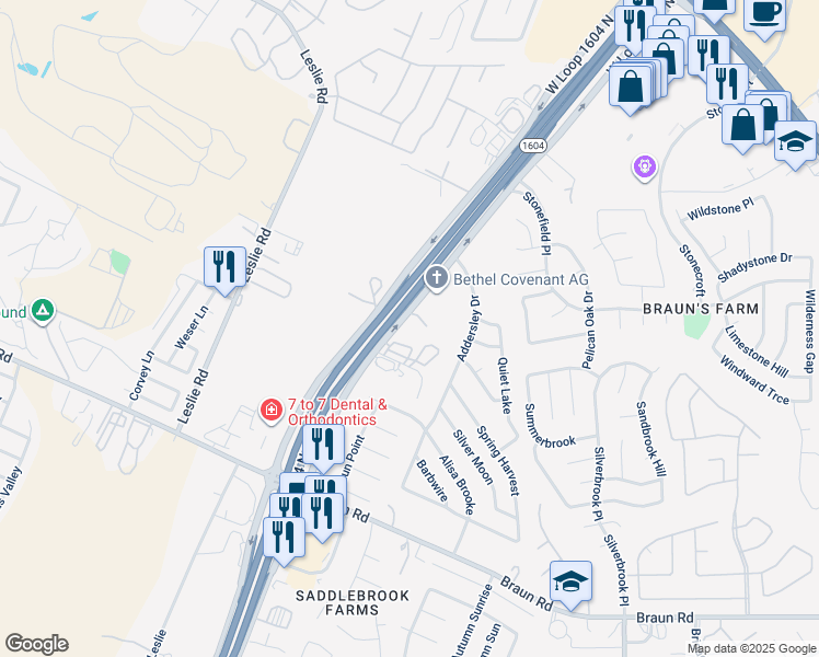 map of restaurants, bars, coffee shops, grocery stores, and more near 10590 Texas 1604 Loop in San Antonio