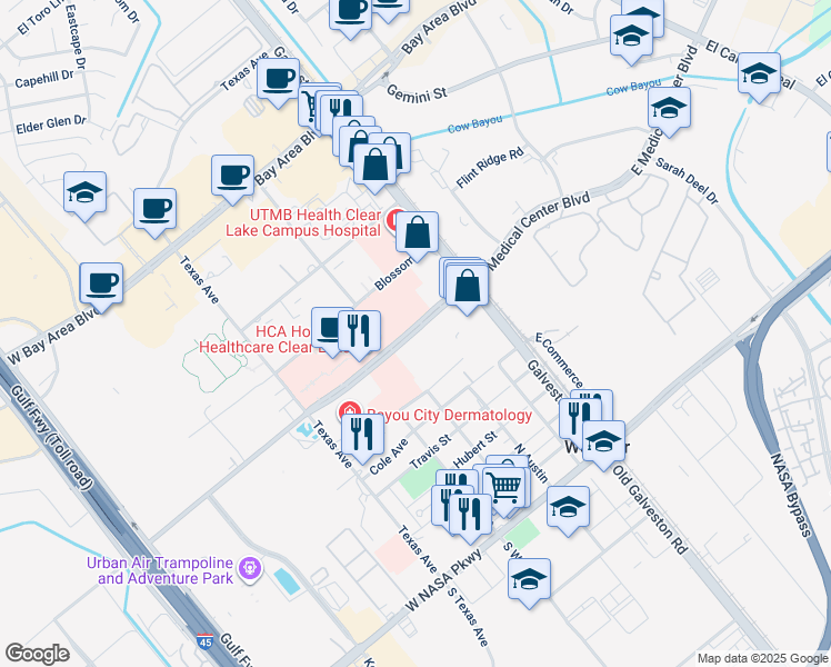 map of restaurants, bars, coffee shops, grocery stores, and more near 303 Medical Center Boulevard in Webster