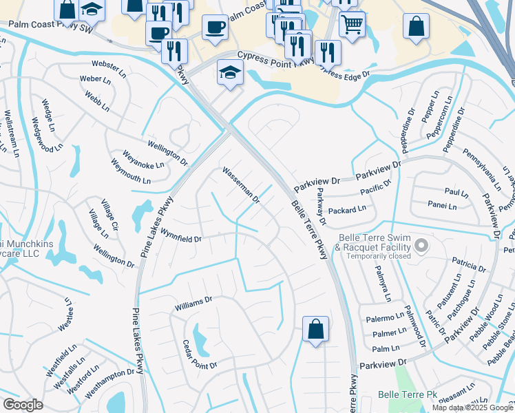 map of restaurants, bars, coffee shops, grocery stores, and more near 3 Washburn Place in Palm Coast