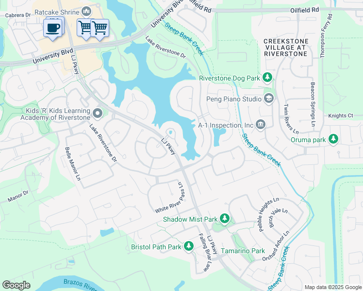 map of restaurants, bars, coffee shops, grocery stores, and more near 6 Ivy Bend Lane in Sugar Land