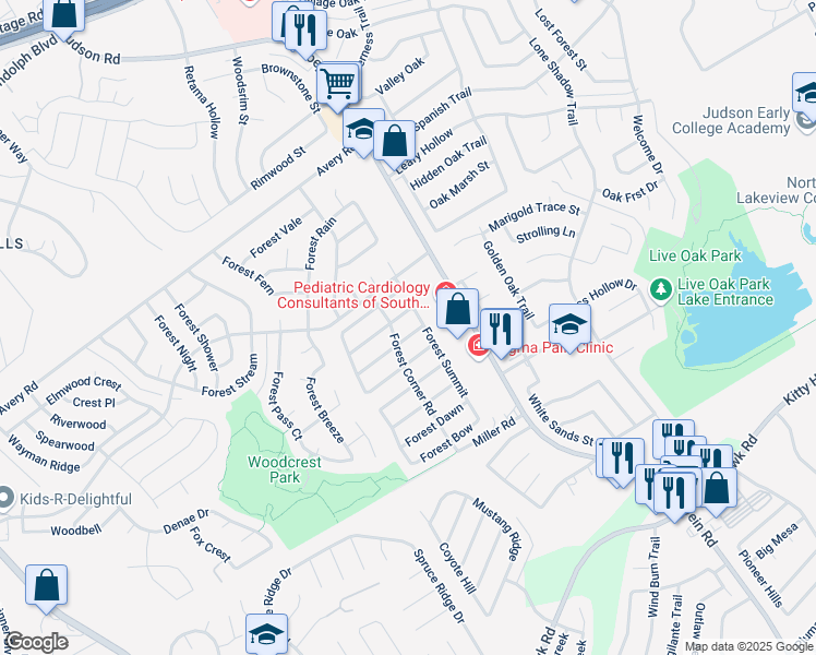 map of restaurants, bars, coffee shops, grocery stores, and more near 8004 Forest Cabin in Live Oak