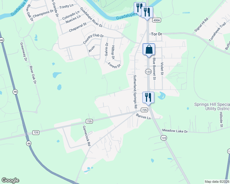 map of restaurants, bars, coffee shops, grocery stores, and more near 705 Water Tower Road in Seguin