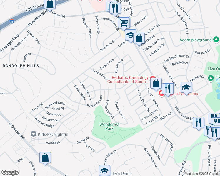 map of restaurants, bars, coffee shops, grocery stores, and more near 11300 Forest Pass Court in Live Oak
