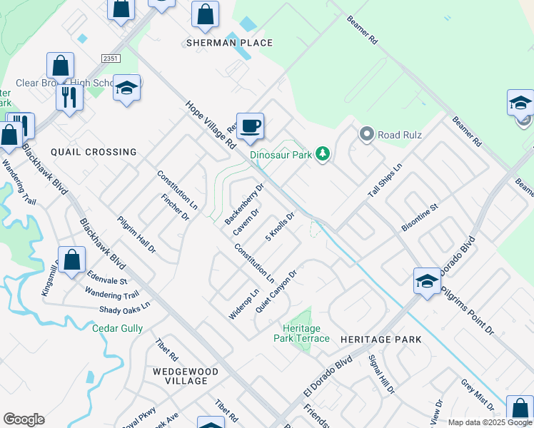 map of restaurants, bars, coffee shops, grocery stores, and more near 4702 5 Knolls Drive in Friendswood