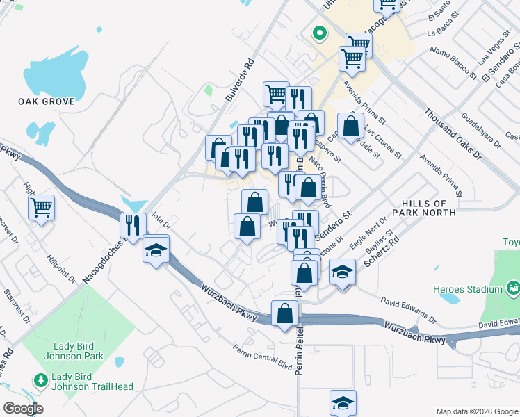 map of restaurants, bars, coffee shops, grocery stores, and more near 11051 Wye Drive in San Antonio
