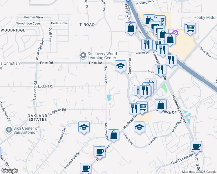 map of restaurants, bars, coffee shops, grocery stores, and more near 10423 Legacy Hill in San Antonio