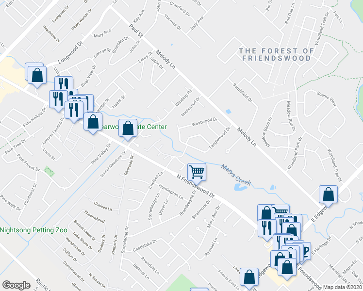 map of restaurants, bars, coffee shops, grocery stores, and more near 703 Tanglewood Drive in Friendswood