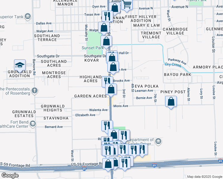 map of restaurants, bars, coffee shops, grocery stores, and more near 2517 1st Street in Rosenberg