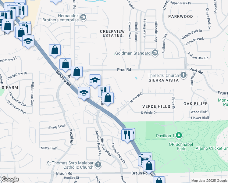 map of restaurants, bars, coffee shops, grocery stores, and more near 8410 Avalon Star in San Antonio