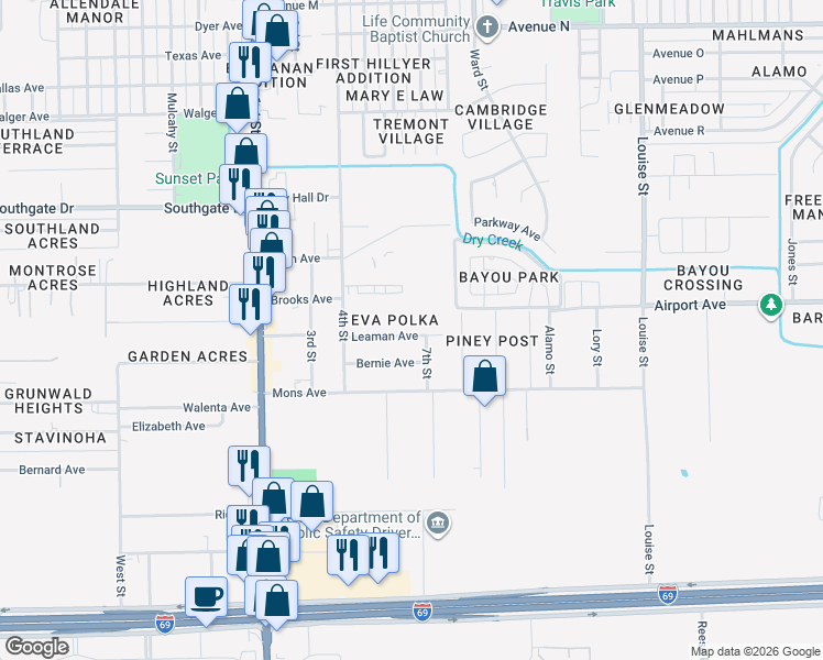 map of restaurants, bars, coffee shops, grocery stores, and more near 2311 Leaman Avenue in Rosenberg