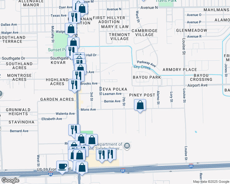 map of restaurants, bars, coffee shops, grocery stores, and more near 2401 4th Street in Rosenberg