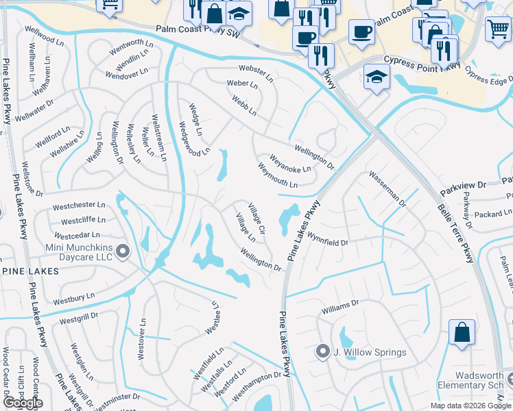 map of restaurants, bars, coffee shops, grocery stores, and more near 45 Weymouth Lane in Palm Coast