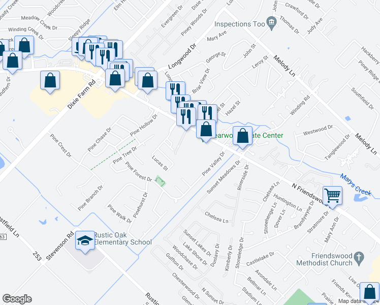 map of restaurants, bars, coffee shops, grocery stores, and more near 1302 East Broadway Street in Pearland