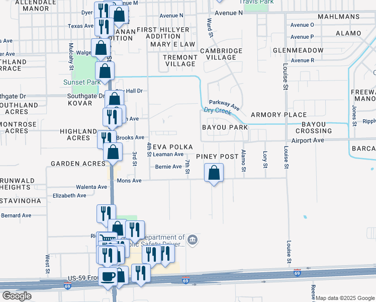map of restaurants, bars, coffee shops, grocery stores, and more near 2325 Leaman Avenue in Rosenberg