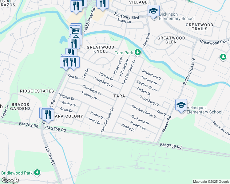 map of restaurants, bars, coffee shops, grocery stores, and more near 6927 Tara Drive in Richmond