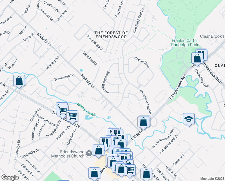 map of restaurants, bars, coffee shops, grocery stores, and more near 406 Briar Glen Court in Friendswood