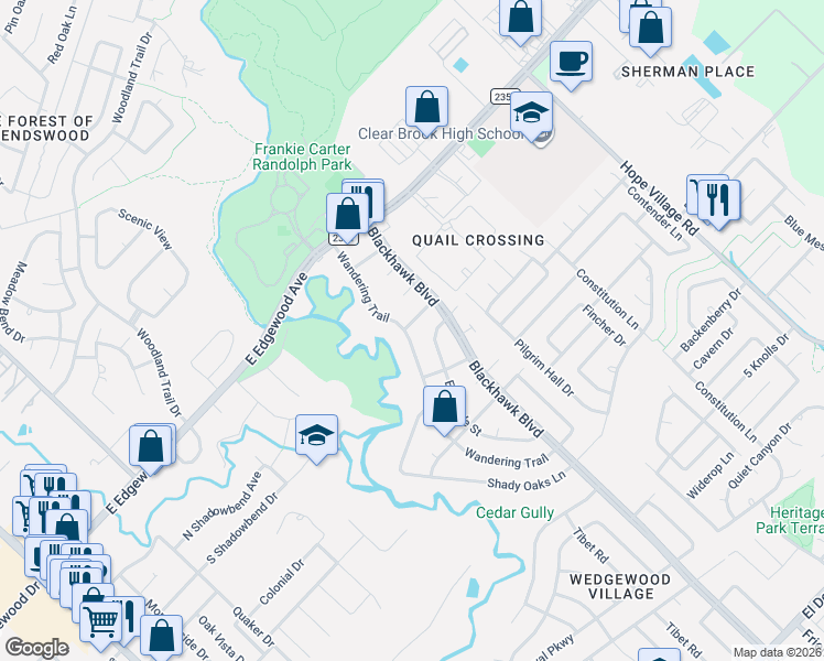 map of restaurants, bars, coffee shops, grocery stores, and more near 5110 Tashkent Drive in Friendswood