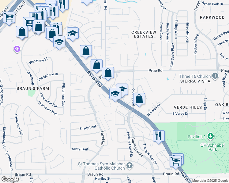 map of restaurants, bars, coffee shops, grocery stores, and more near 10514 Bandera Road in San Antonio
