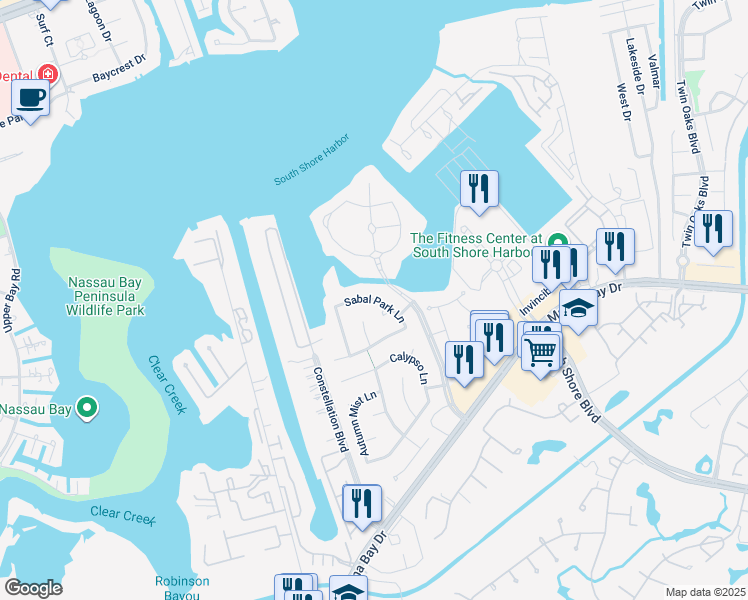 map of restaurants, bars, coffee shops, grocery stores, and more near Sabal Park Lane in League City