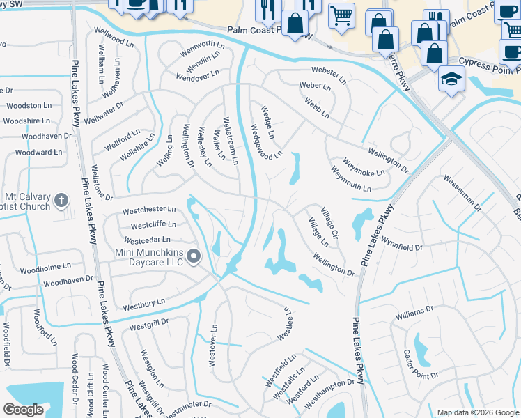 map of restaurants, bars, coffee shops, grocery stores, and more near 309 Wellington Drive in Palm Coast