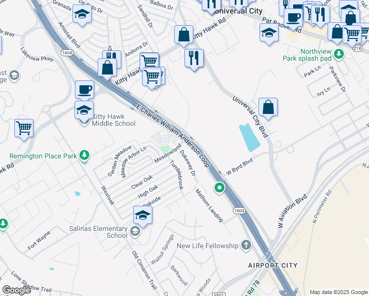 map of restaurants, bars, coffee shops, grocery stores, and more near 11514 Texas 1604 Loop in Universal City