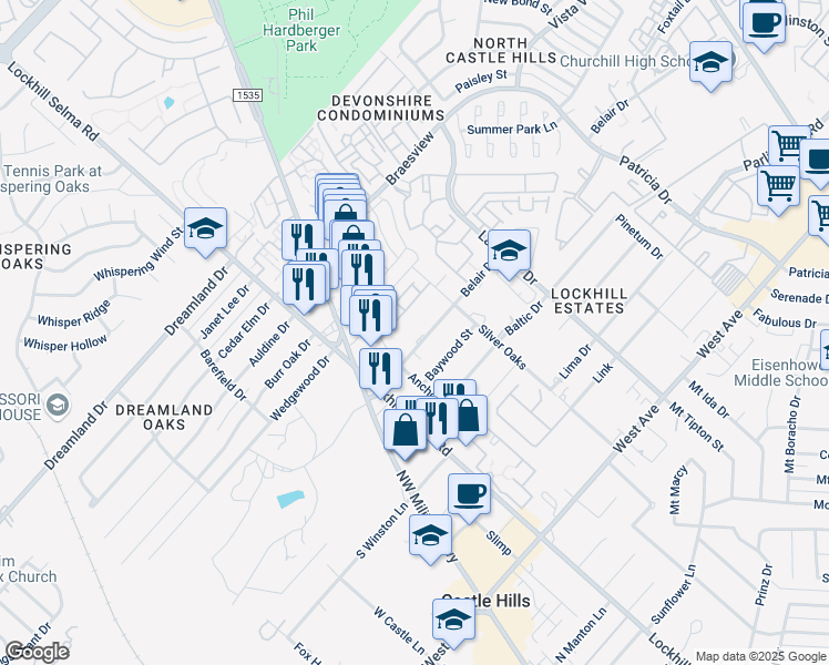 map of restaurants, bars, coffee shops, grocery stores, and more near 2102 Bent Anchor in San Antonio