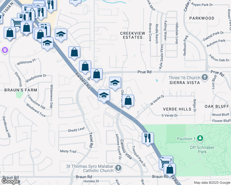 map of restaurants, bars, coffee shops, grocery stores, and more near 10438 Bandera Road in San Antonio