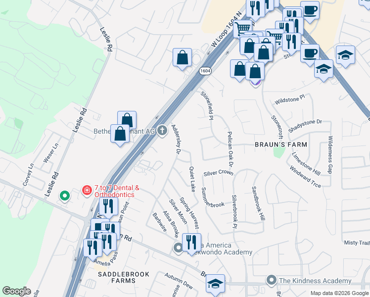 map of restaurants, bars, coffee shops, grocery stores, and more near 9919 Old Mesquite in San Antonio