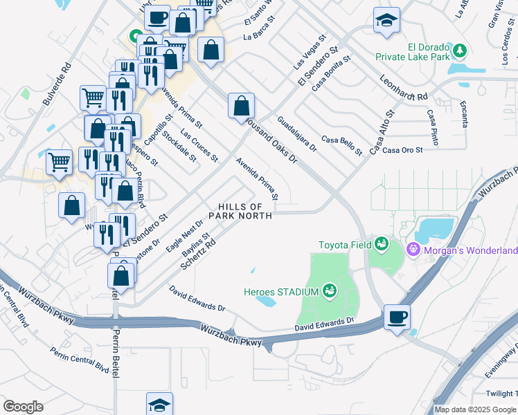 map of restaurants, bars, coffee shops, grocery stores, and more near 4535 Schertz Road in San Antonio