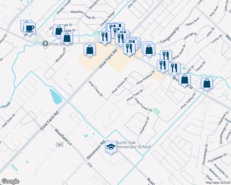 map of restaurants, bars, coffee shops, grocery stores, and more near 3603 Pine Chase Drive in Pearland