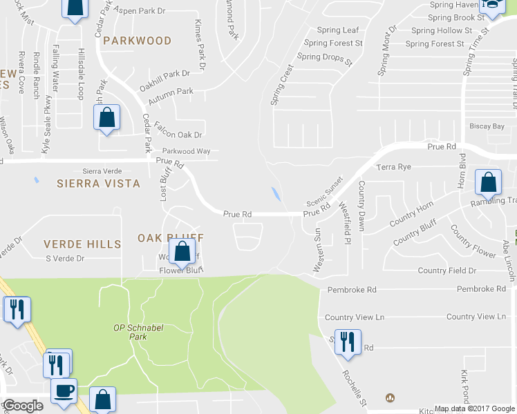 map of restaurants, bars, coffee shops, grocery stores, and more near 7508 Prue Road in San Antonio