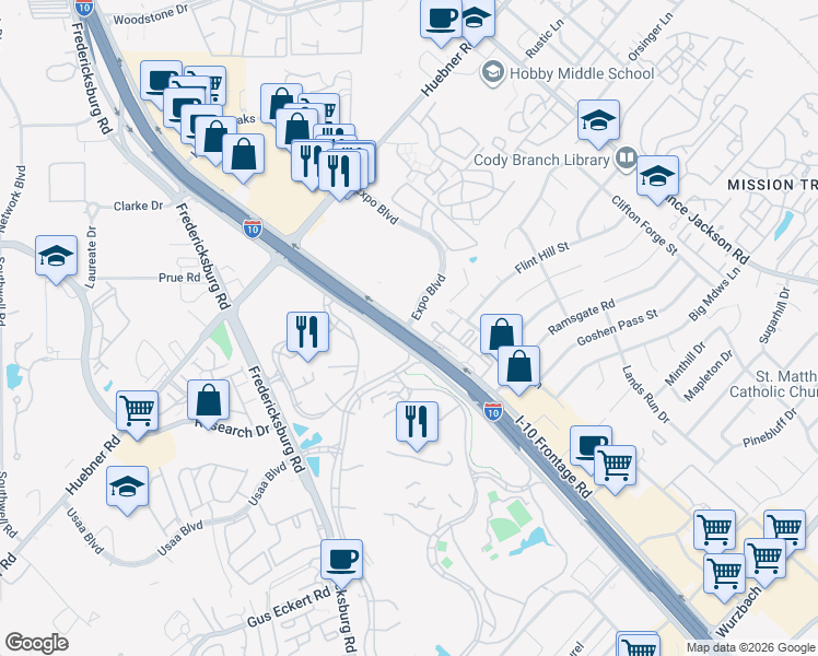 map of restaurants, bars, coffee shops, grocery stores, and more near 10807 Interstate 10 in San Antonio
