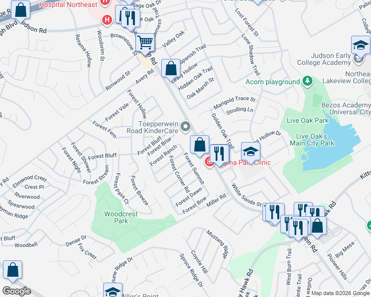 map of restaurants, bars, coffee shops, grocery stores, and more near 7911 Forest Ranch in Live Oak
